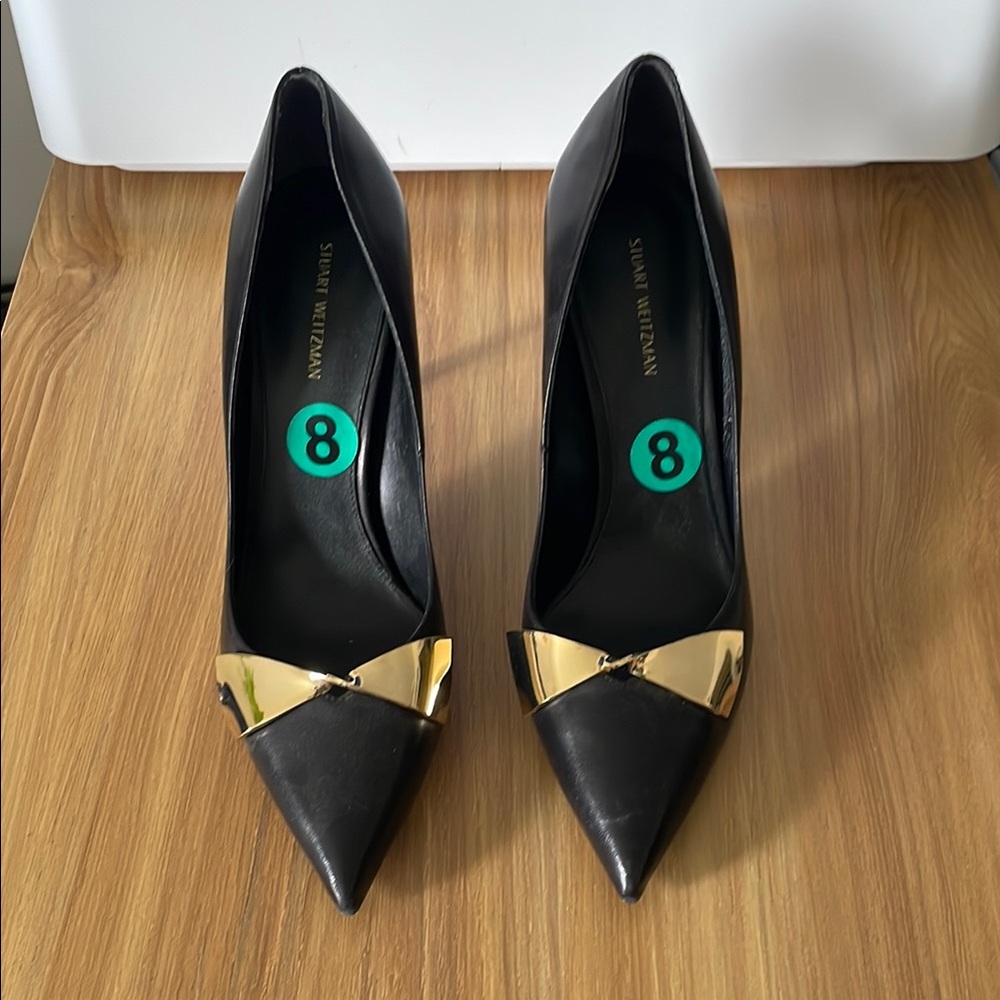 Stuart Weitzman Black and Gold Heels with Metal Bow